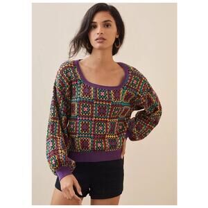 Farm Rio for Anthropologie Sweater Granny Square Pattern Size XS